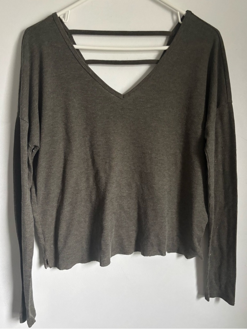 SO Olive V-Neck Long Sleeve Top with Double-Strap Back. Crop style